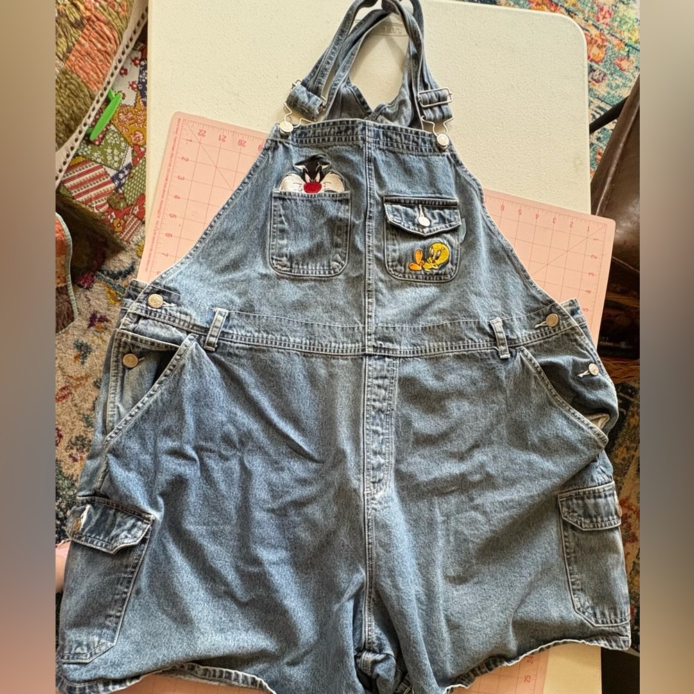 Looney Tunes overall shorts with Sylvester & Tweety patches. Sz22/24w